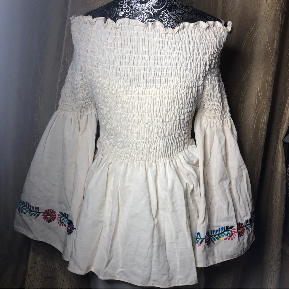 Handmade artisan womens Mexican embroidered off shoulder cotton blouse 2XL - Picture 5 of 13